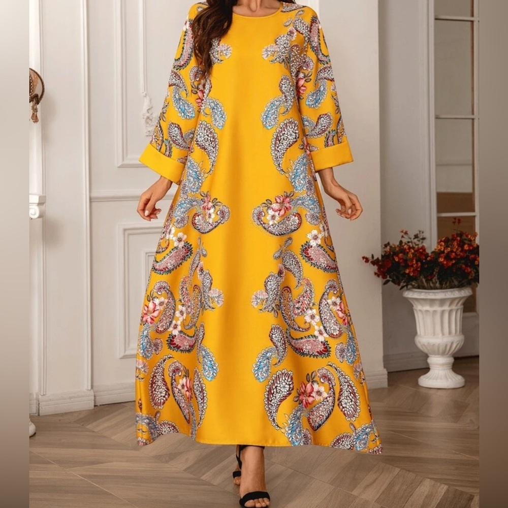 Elegant Yellow Paisley Abaya Dress